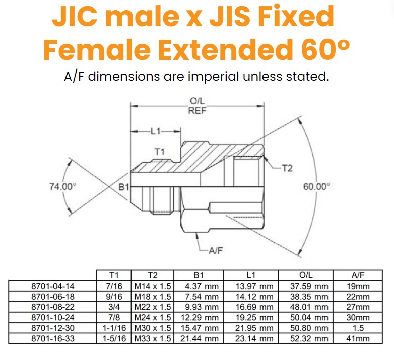 7/16 JIC x M14 JIS M/Fix Fem Ext 60° Seat (Metric Thread) Hydraulic Adaptor